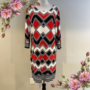 Geometric Patterned‎ Dress - Red, Black, White